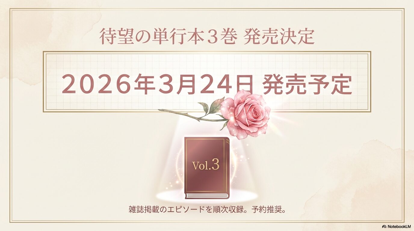 待望の単行本3巻が2026年3月24日に発売予定であることを伝えるスライド。