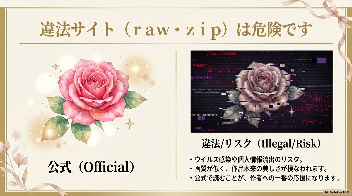 ウイルス感染や画質低下など違法サイトのリスクと、公式で読むことの重要性を比較した図。