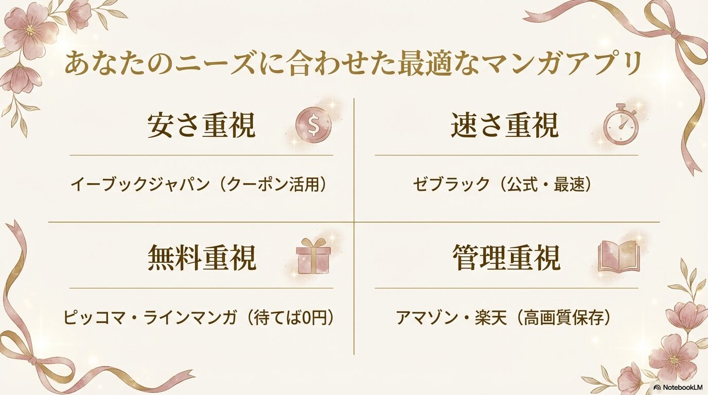 安さ・速さ・無料・管理の4つの重視ポイント別に、おすすめのアプリをまとめた比較表。
