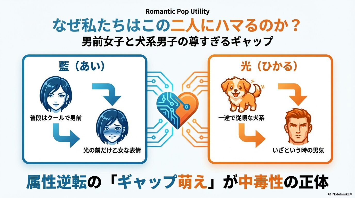 男前女子の藍と犬系男子の光のキャラクター属性と、ギャップ萌えの中毒性を解説するスライド資料