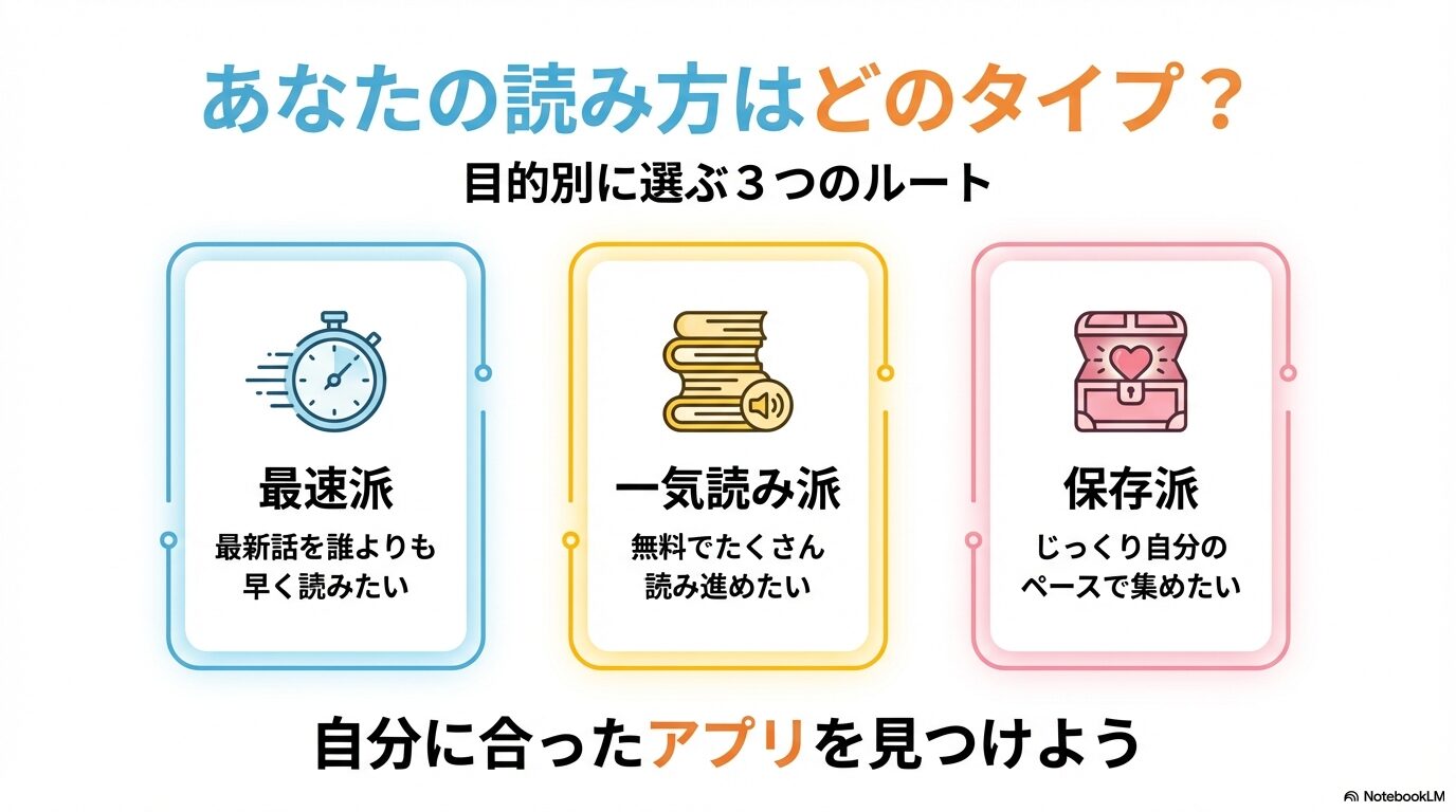 最速派・一気読み派・保存派の3つの目的別に選ぶおすすめの購読ルート図解