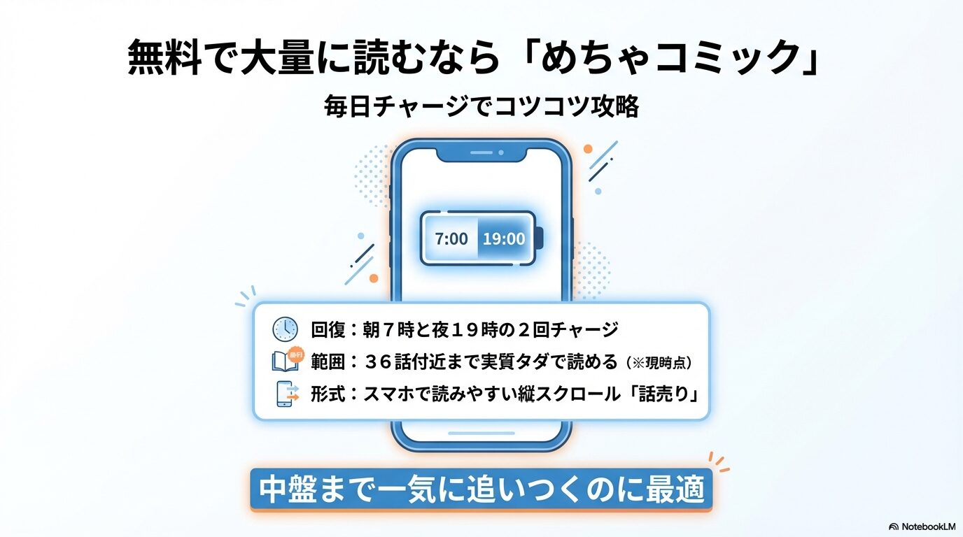 朝7時と夜19時の1日2回チャージで36話付近まで無料で読めるめちゃコミックの仕組み