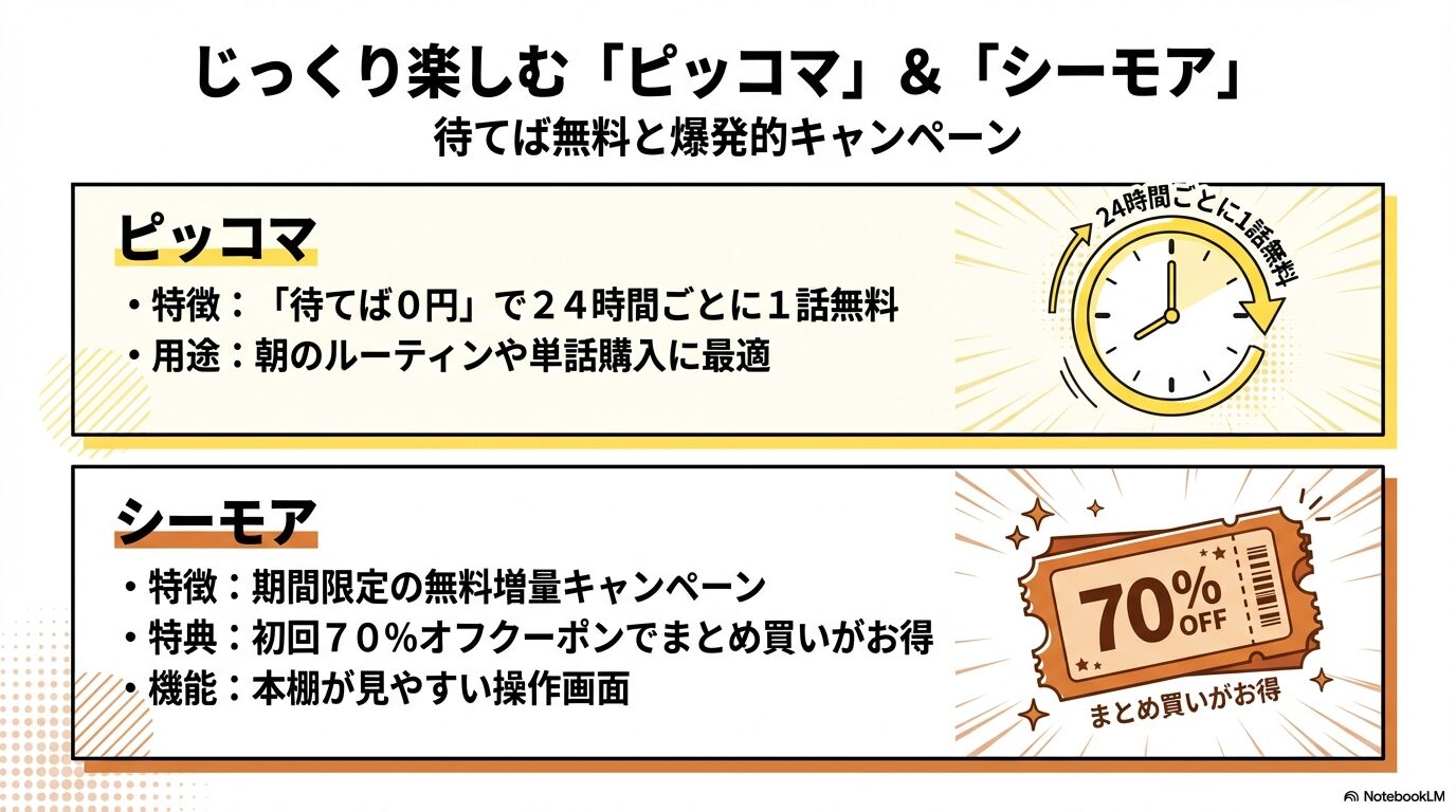 24時間ごとに1話無料のピッコマと、初回70%オフクーポンがお得なコミックシーモアの特徴まとめ