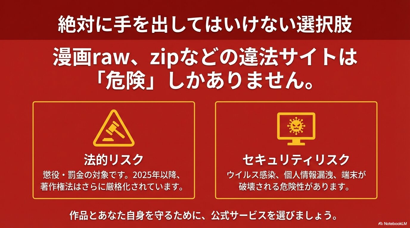 漫画rawやzipなど違法サイトの法的リスクとウイルス感染の危険性