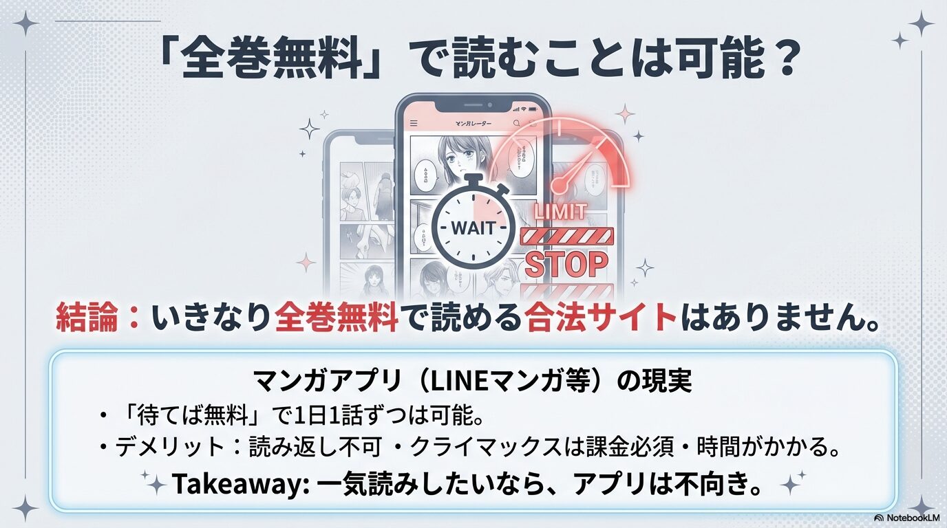 いきなり全巻無料で読める合法サイトはないことやマンガアプリのデメリットを説明するスライド