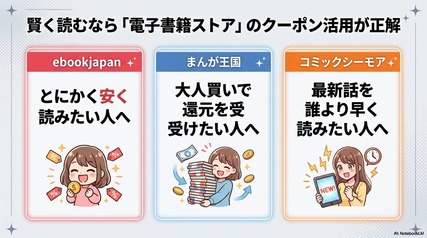 ebookjapan、まんが王国、コミックシーモアなど、タイプ別の電子書籍ストアの選び方を紹介するスライド