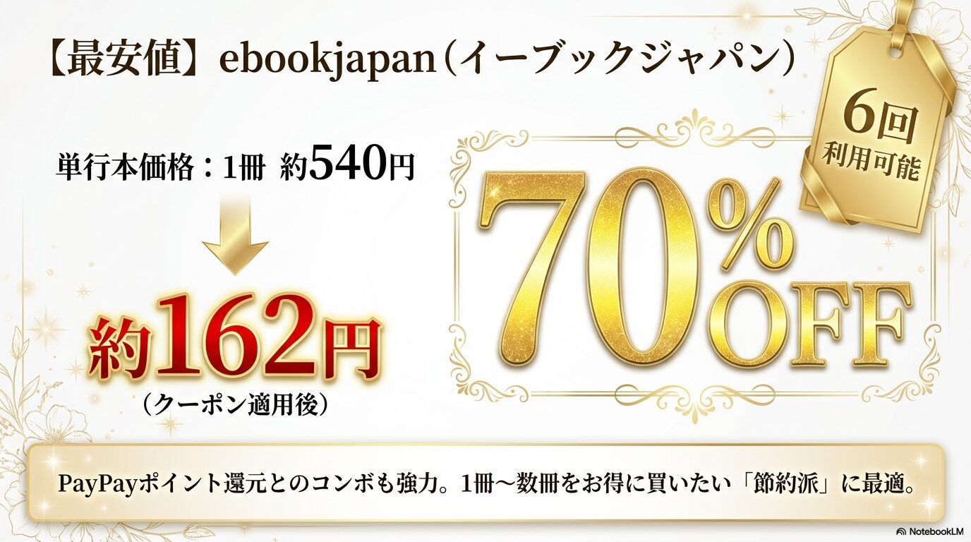 ebookjapanの初回クーポン適用で単行本1冊が約162円になる節約派向けのお得情報を紹介するスライド