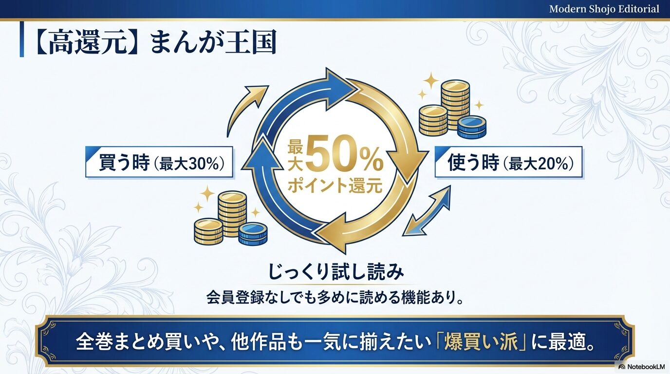 最大50%ポイント還元や、会員登録なしで多く読める「じっくり試し読み」機能を紹介するスライド