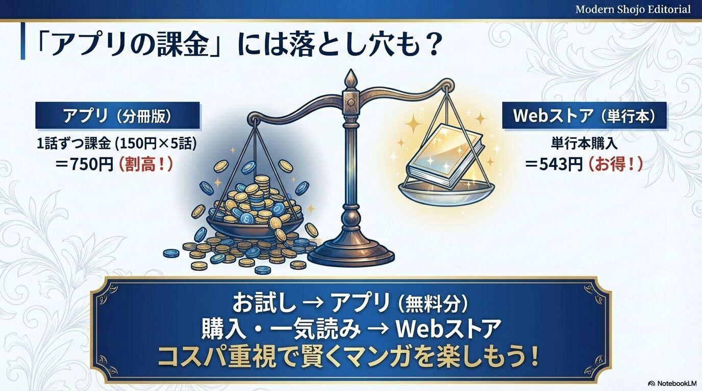 1話ずつ課金する分冊版が単行本購入より割高になるケースを説明する価格比較スライド