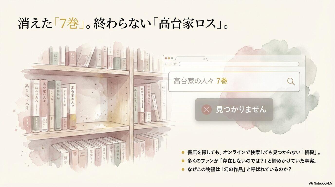 高台家の人々7巻が見つからない理由を説明するスライド。「書店を探しても見つからない」「幻の作品」という文字。