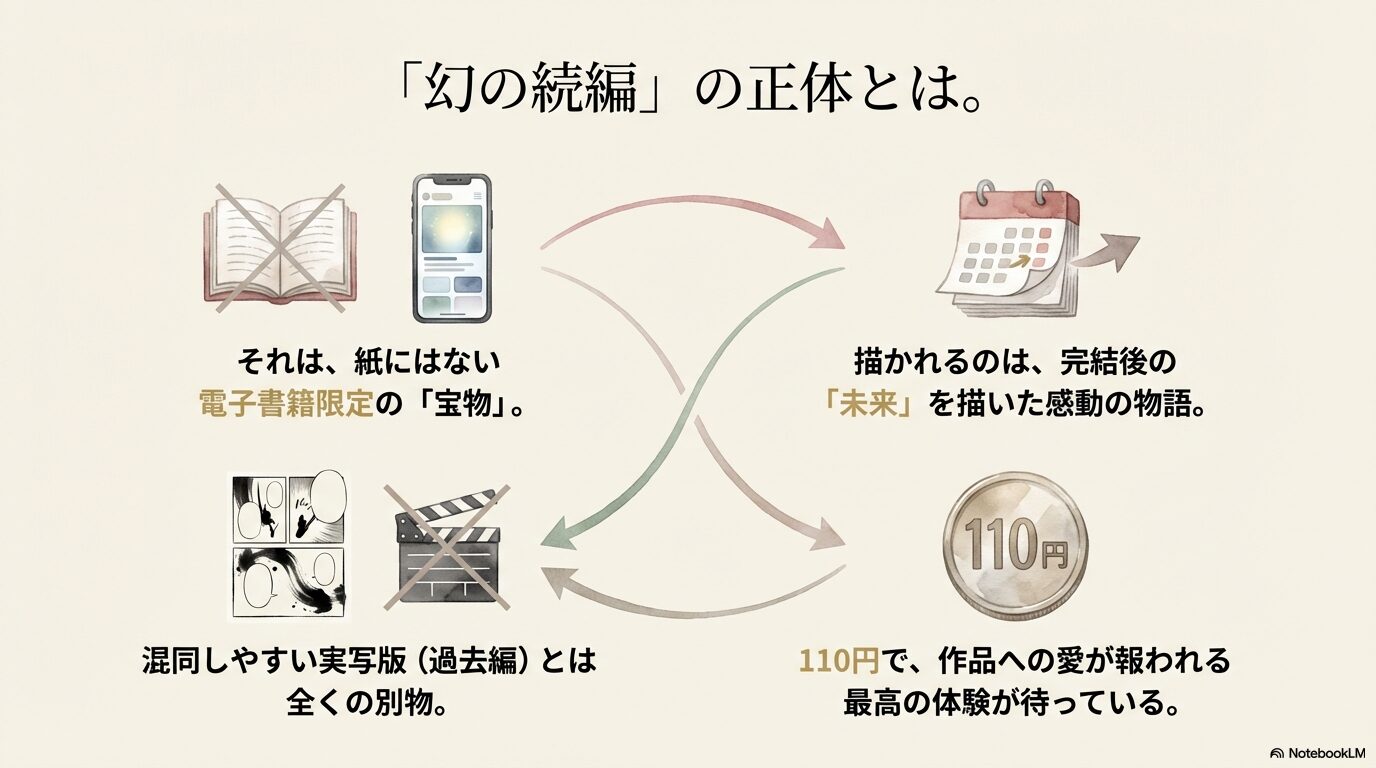 紙の本にはない電子書籍限定の「宝物」であること、110円で最高の体験ができることをまとめたスライド。