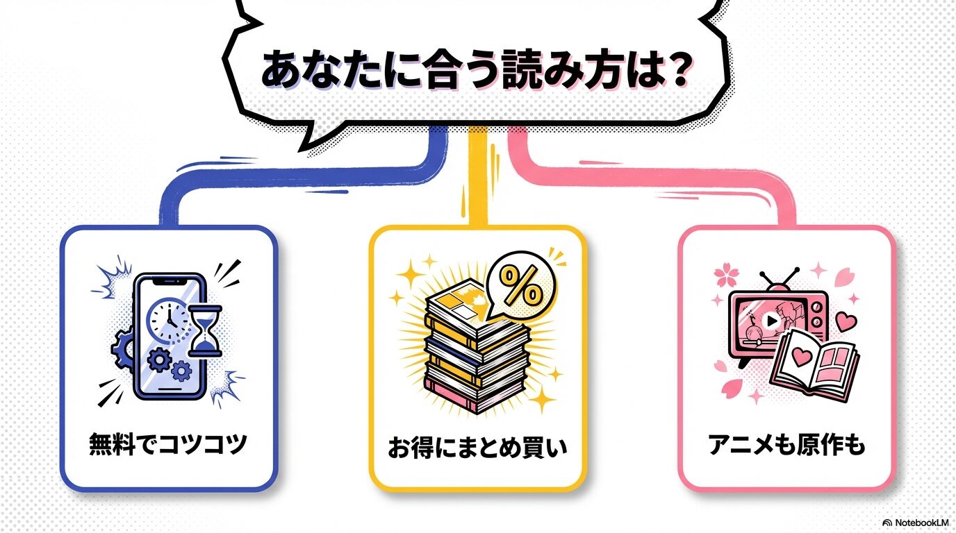 無料でコツコツ、お得にまとめ買い、アニメも原作も楽しむ派など、タイプ別の読み方を案内するスライド。