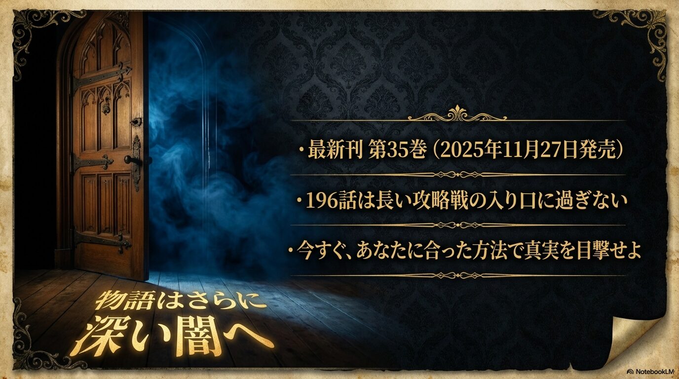 最新刊35巻の発売日と、196話から始まる攻略戦の入り口についての情報をまとめた完結スライド。