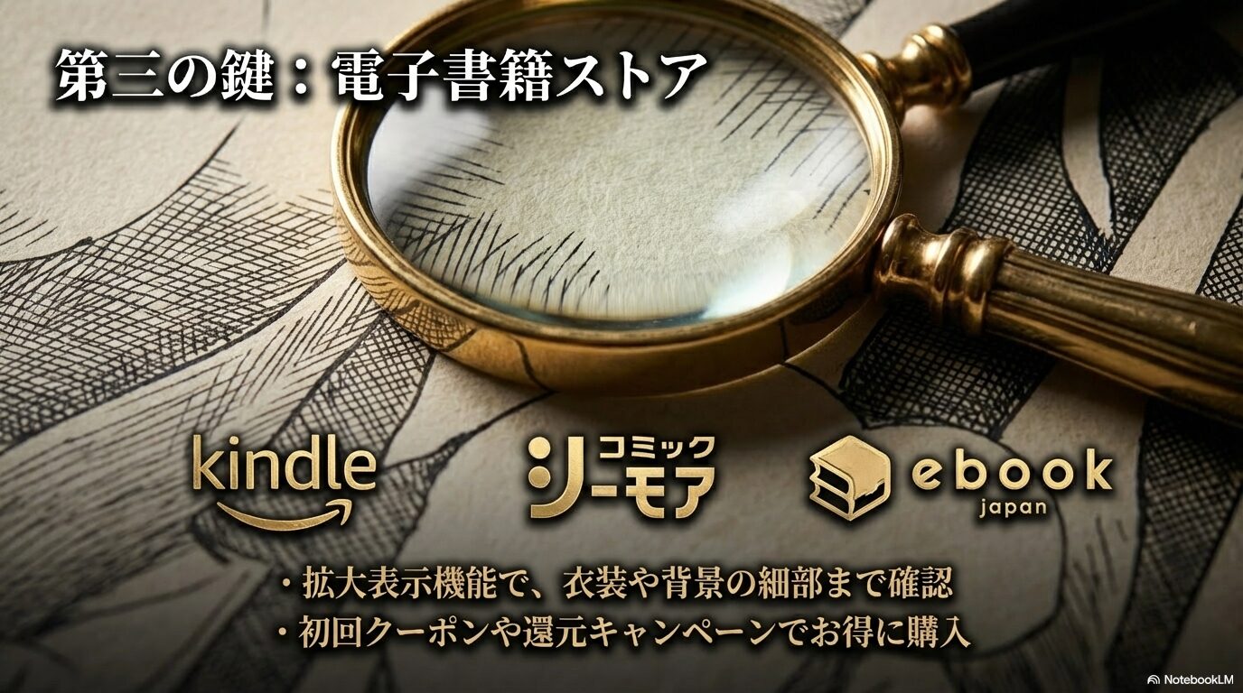 Kindleやebookjapanなどの電子書籍ストアで初回クーポンを活用し、拡大表示機能で細部を楽しむ方法を解説したスライド。