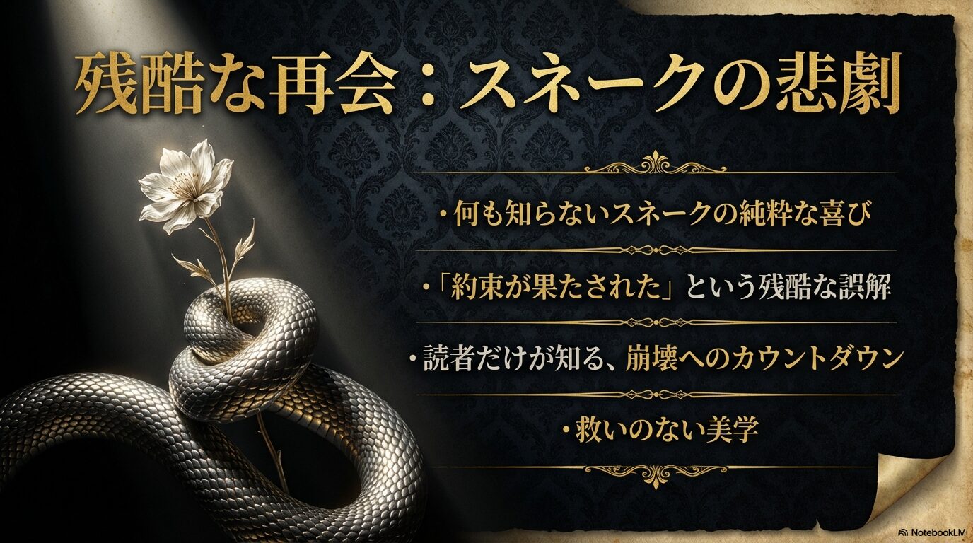 スネークの純粋な喜びと読者だけが知る悲劇的な真実の対比をまとめた、救いのない美学のスライド。