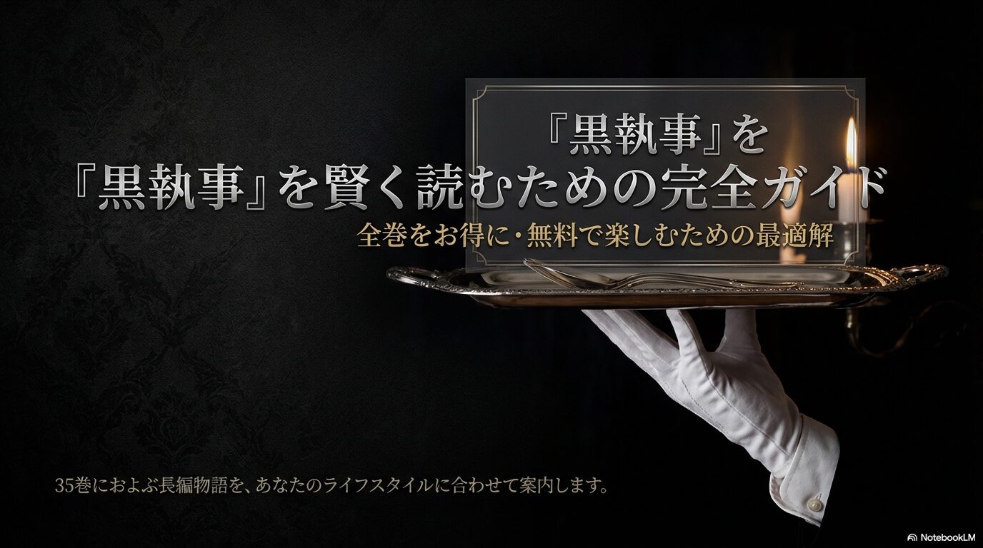 漫画「黒執事」全35巻をお得に、あるいは無料で読むための最適解を案内するスライドの表紙画像。