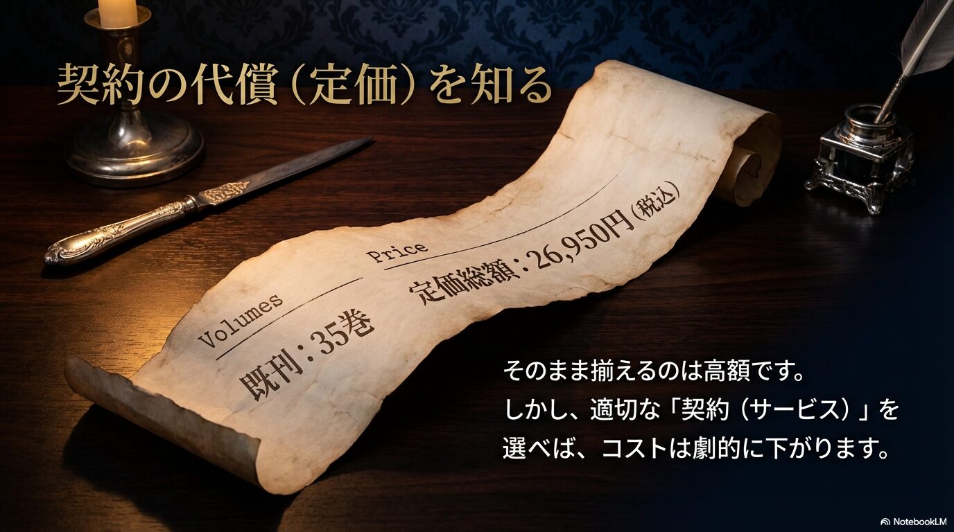 黒執事既刊35巻の定価総額が26,950円(税込)であることを示し、適切なサービス選びでコストが劇的に下がることを説明するスライド。