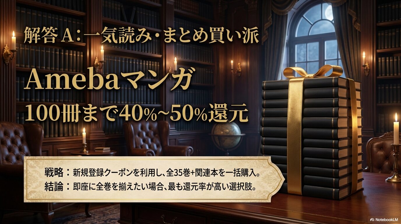 Amebaマンガの新規登録クーポンを利用して黒執事全35巻を一括購入する戦略を紹介するスライド。まとめ買い派に最適。