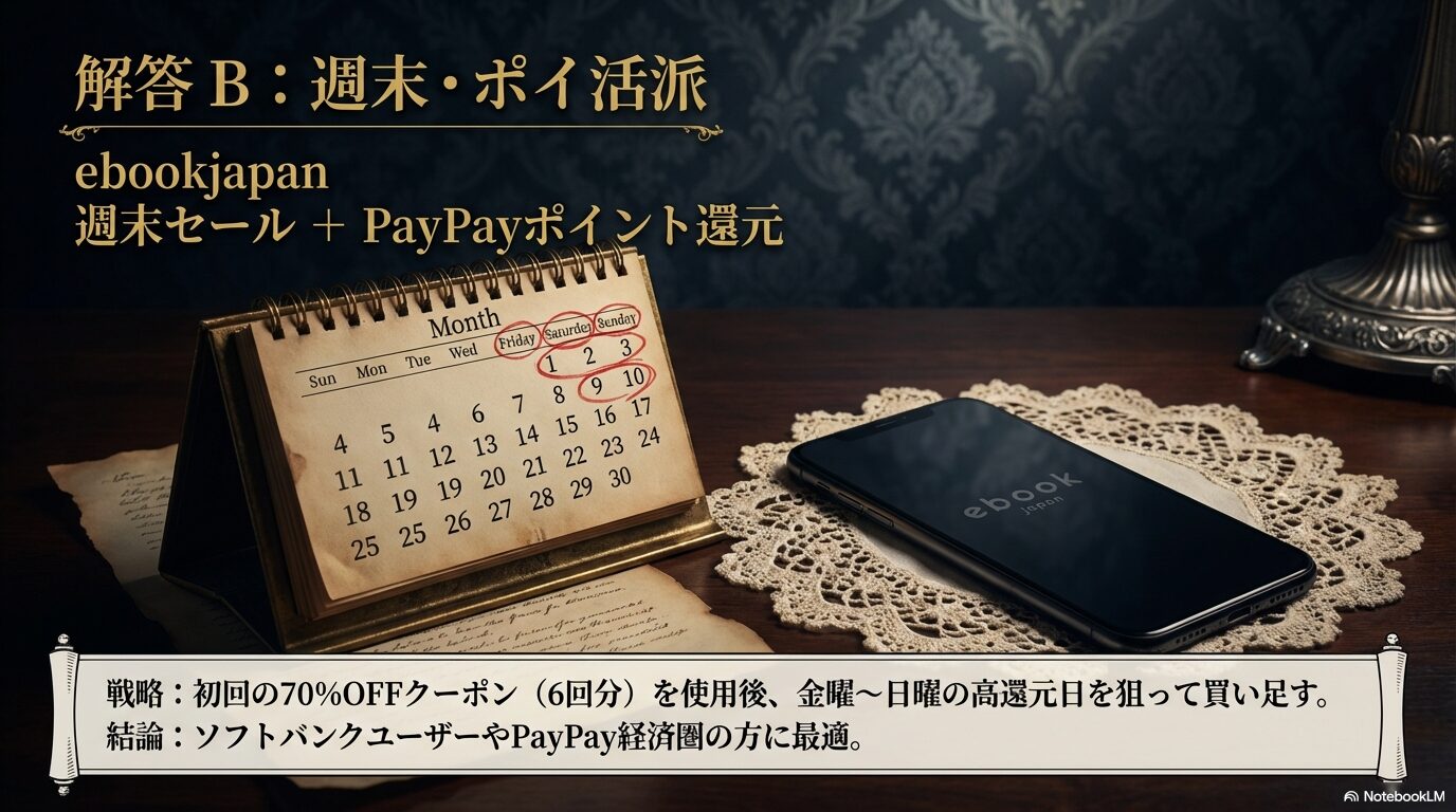 ebookjapanの週末セールやPayPayポイント還元を利用し、金曜から日曜を狙って買い足す戦略を説明するスライド。
