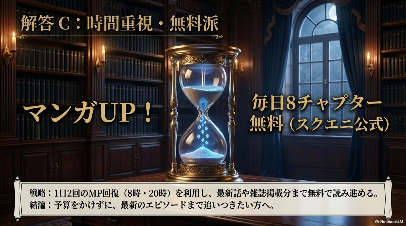 マンガUP!のMP回復(8時・20時)を利用して、黒執事の最新話まで無料で読み進める戦略を解説するスライド。