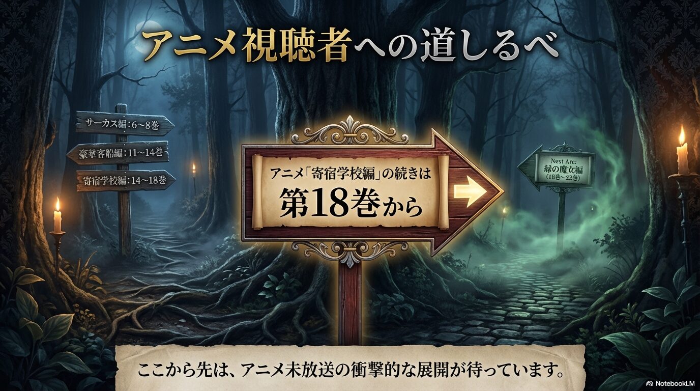 アニメ「サーカス編」「豪華客船編」「寄宿学校編」と原作巻数の対応を示し、アニメの続きが18巻からであることを伝えるスライド。