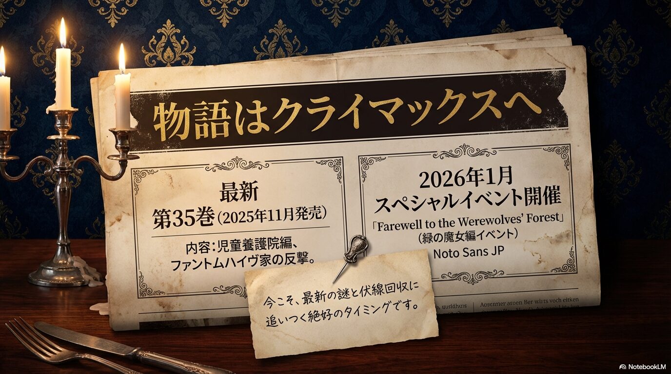 2025年11月発売の黒執事35巻の内容と、2026年1月に開催されるイベント「Farewell to the Werewolves' Forest」を紹介するスライド。