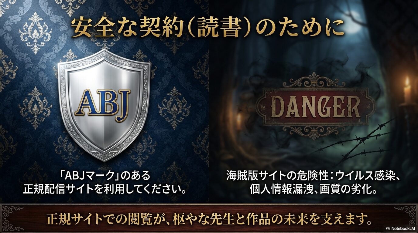 正規配信サイトの証であるABJマークの重要性と、海賊版サイトによるウイルス感染や個人情報漏洩の危険性を警告するスライド。