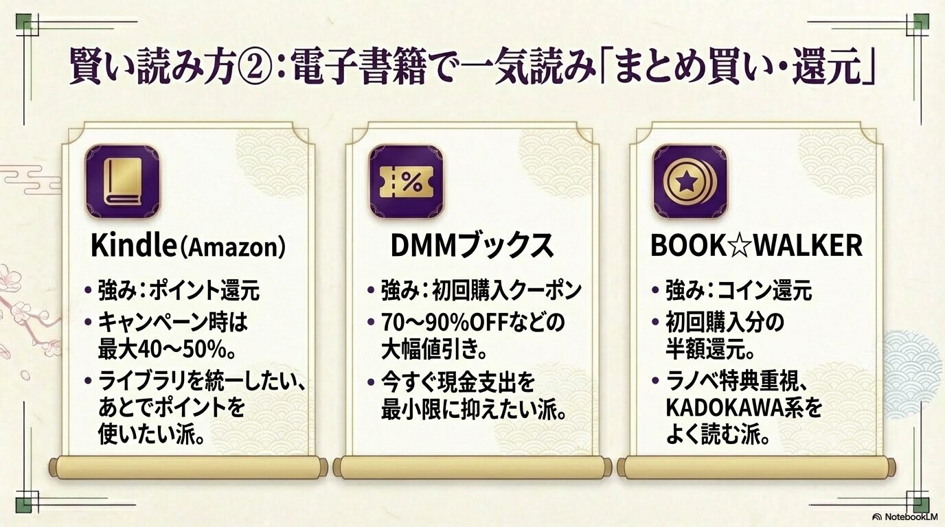 主要電子書籍ストア3社の強み（ポイント還元、初回購入クーポン、コイン還元）を比較し、おすすめのユーザータイプをまとめた図