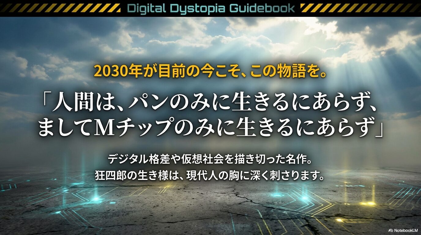 030年が目前の今こそ読むべき名作として、狂四郎の生き様と作中の名言を引用したメッセージスライド。
