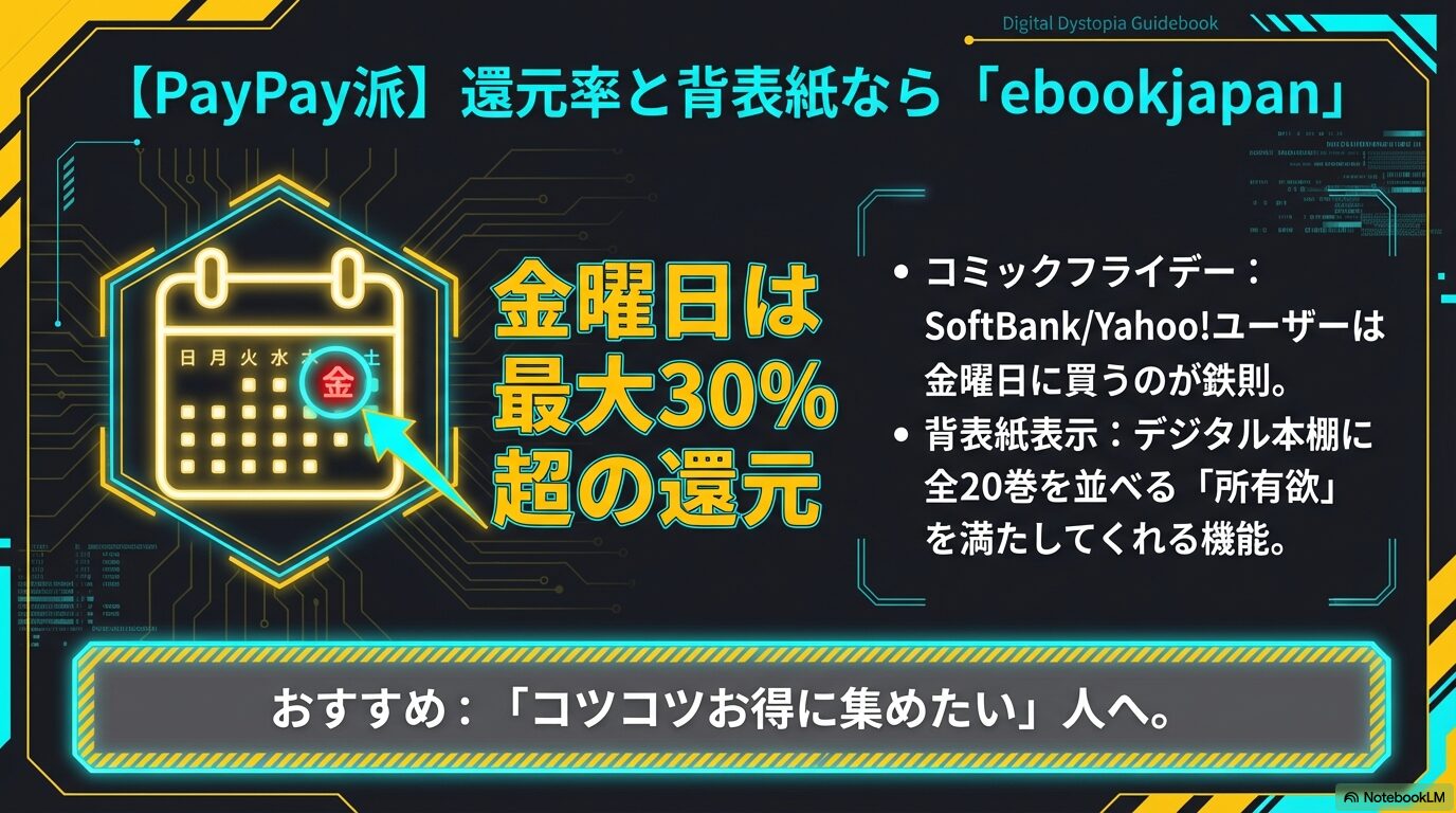 ebookjapanのコミックフライデー最大30%還元と、デジタル本棚に背表紙を並べられる機能の紹介スライド。