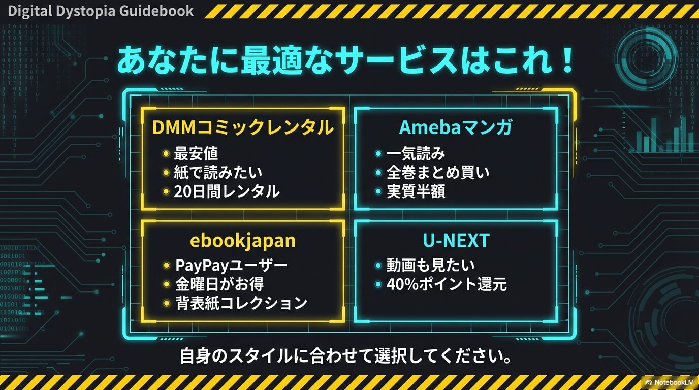 DMMコミックレンタル、Amebaマンガ、ebookjapan、U-NEXTの4大サービスの強みを比較し、自身のスタイルに合わせた選択を促すまとめスライド。