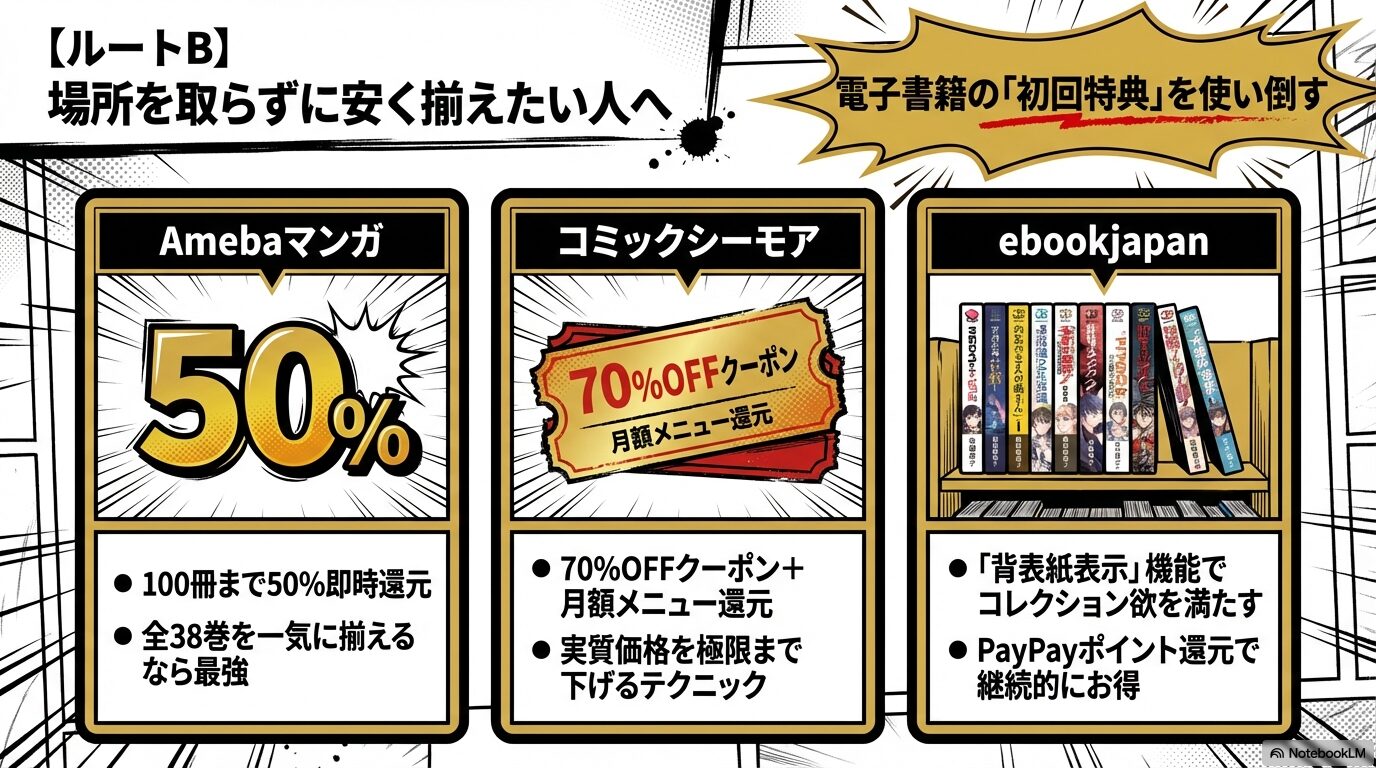 Amebaマンガの100冊半額、コミックシーモアの70%OFFクーポン、ebookjapanの背表紙表示機能など、電子書籍ストア各社の特典を比較したスライド。
