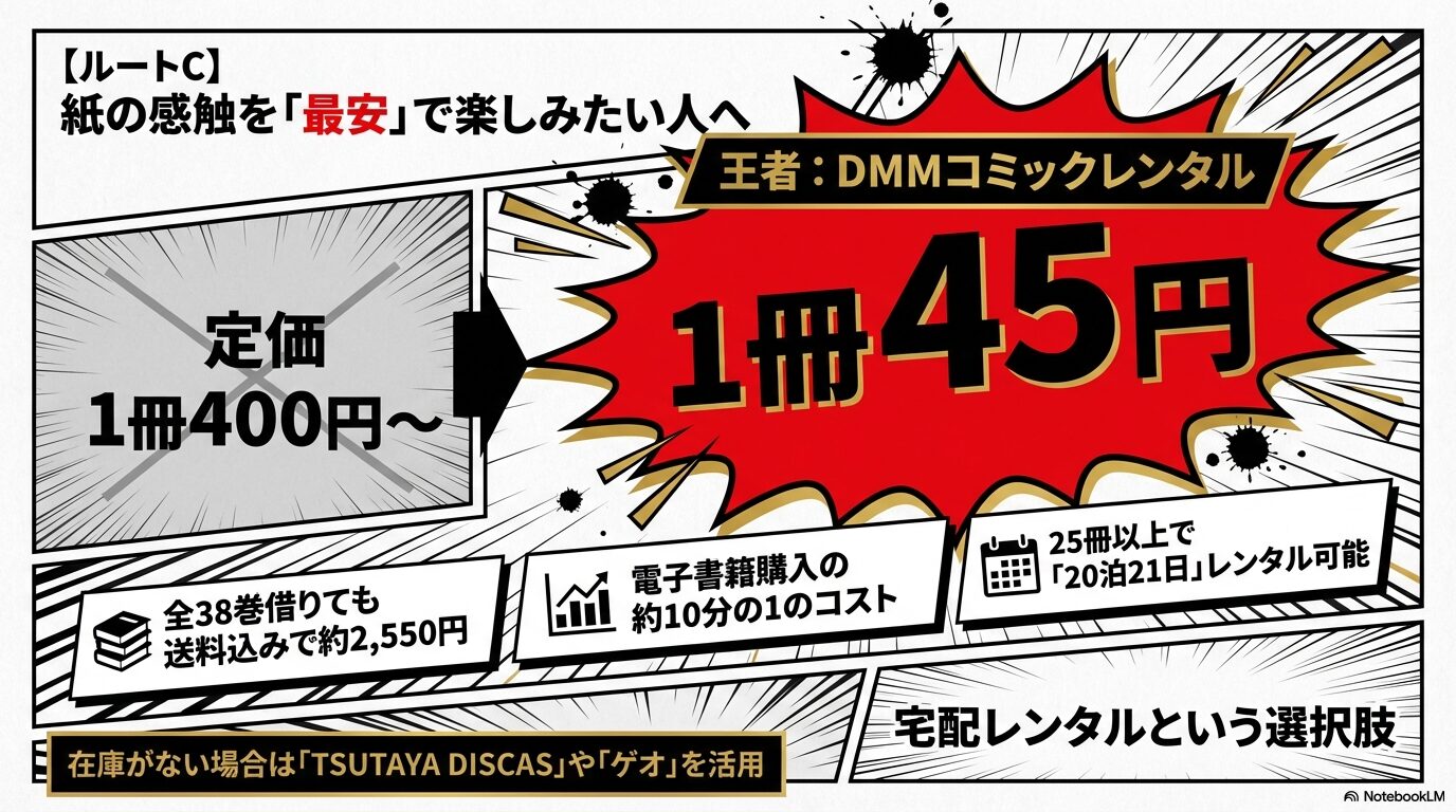 1冊45円からレンタル可能なDMMコミックレンタルの紹介。全38巻を送料込み約2,550円で借りられるコストメリットの解説。
