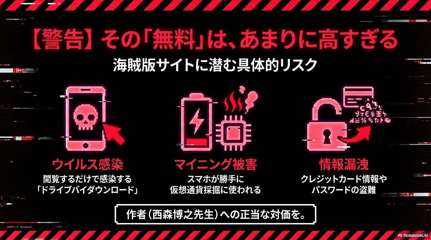 海賊版サイトにおけるウイルス感染(ドライブバイダウンロード)、マイニング被害、クレジットカード情報等の情報漏洩リスクを警告する図解。