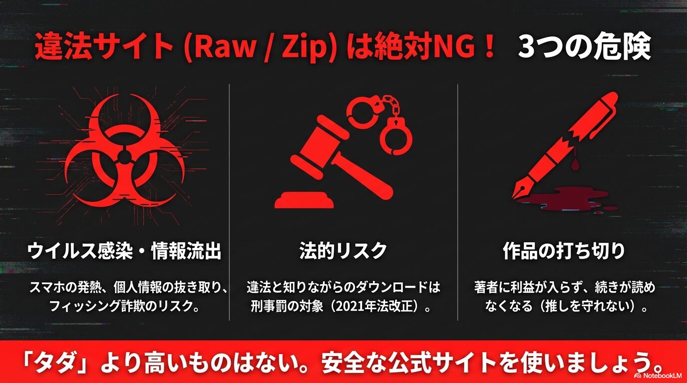 ウイルス感染、法的リスク、作品の打ち切りという違法海賊版サイト利用による3つの弊害を説明した画像。