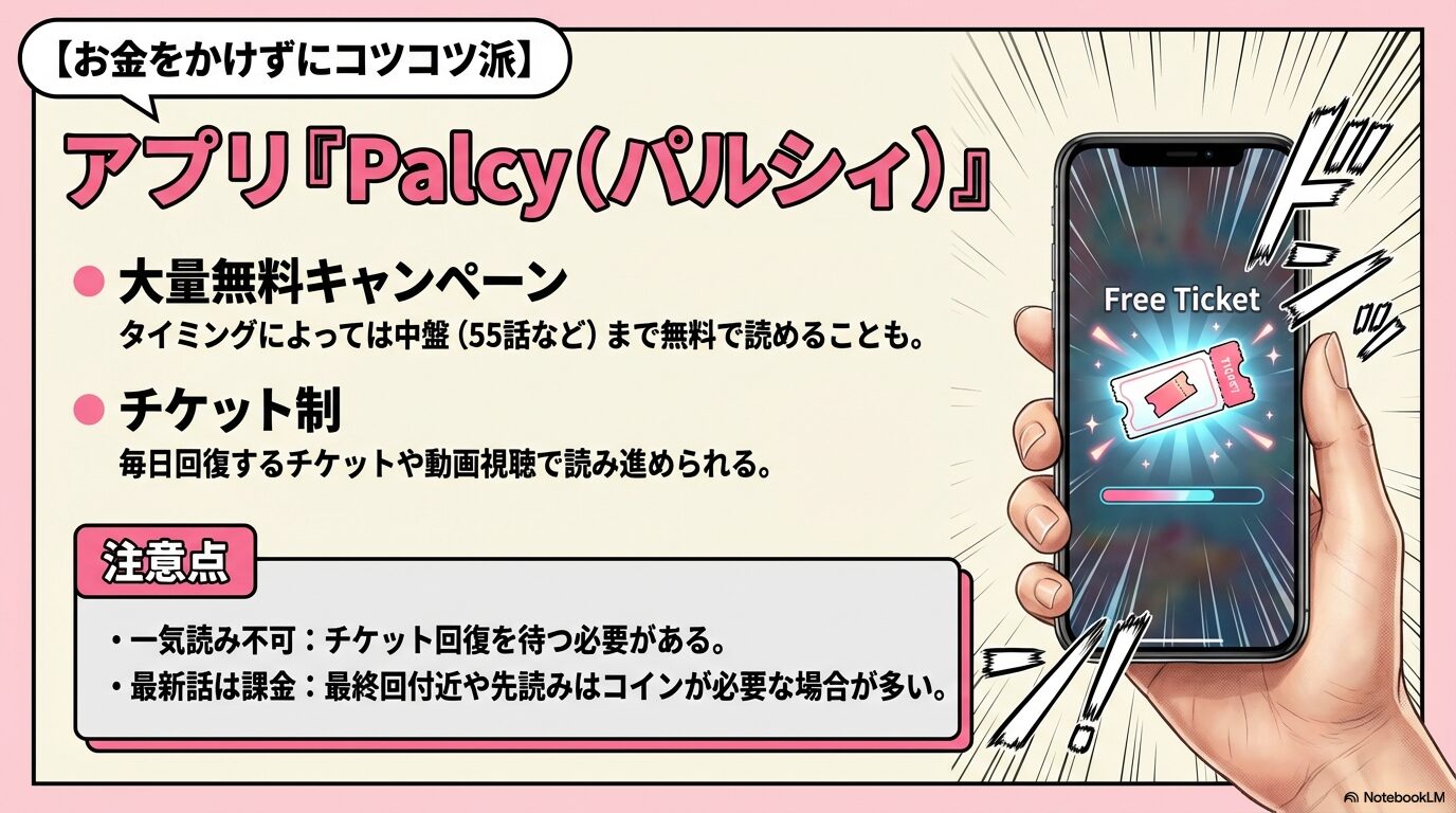 チケット制で大量無料キャンペーンがあるアプリPalcyの特徴と注意点を解説した画像。