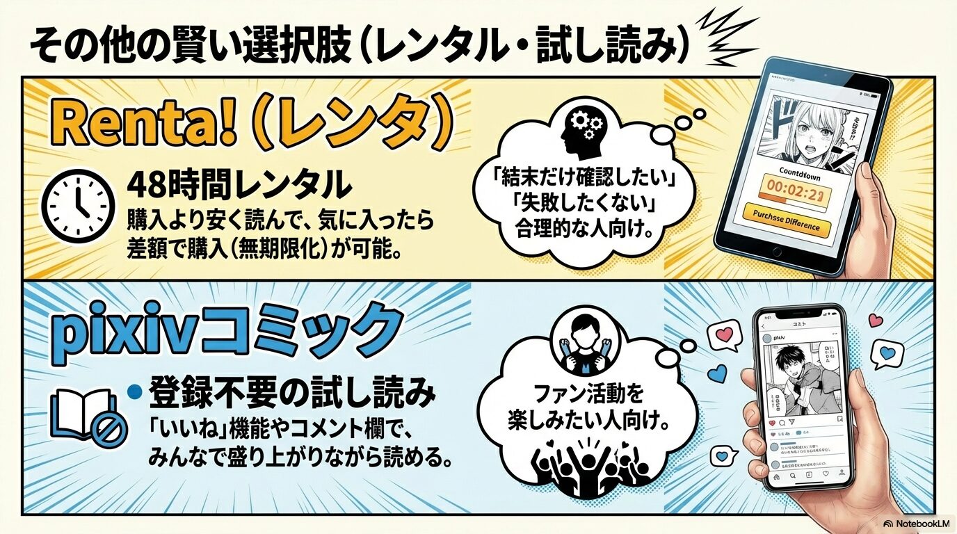 Renta!の48時間レンタルとpixivコミックの登録不要試し読みを比較紹介するスライド。