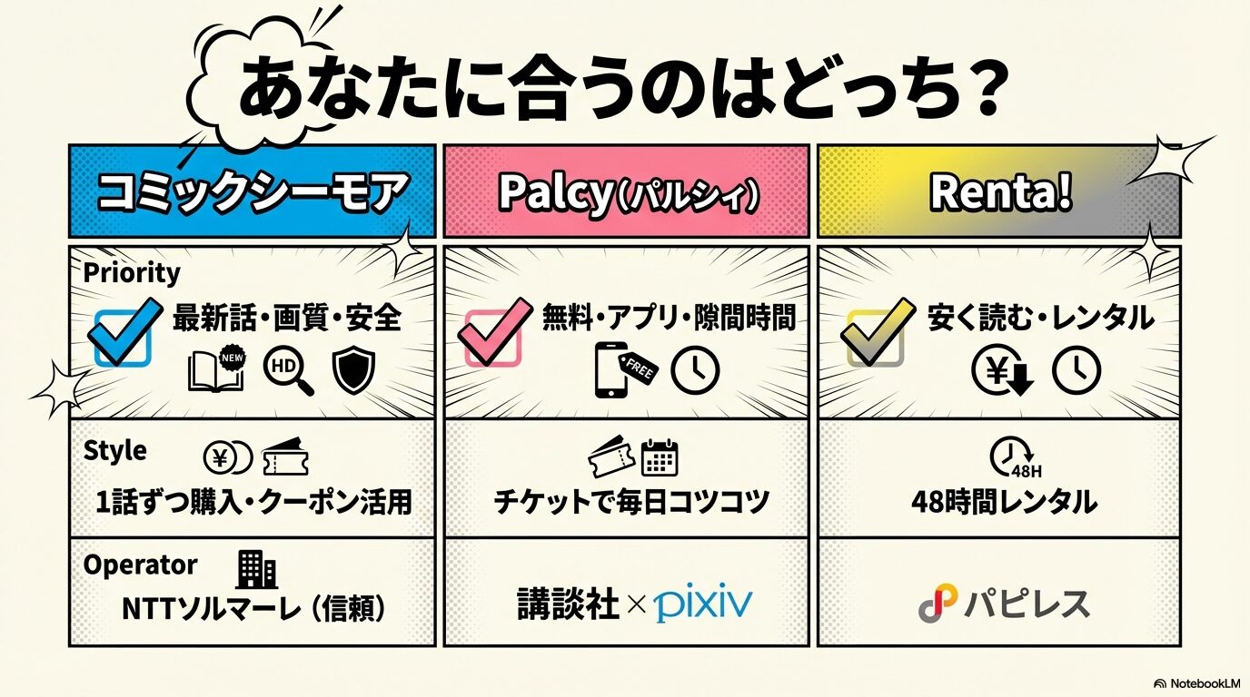 コミックシーモア、Palcy、Renta!の優先順位や特徴をまとめた比較表。