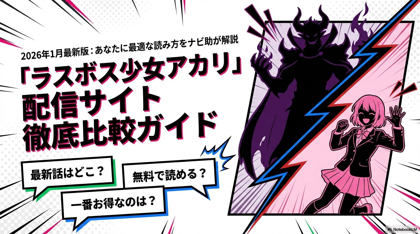 ラスボス少女アカリの配信サイトを「最新話はどこ?」「無料で読める?」「一番お得なのは?」の3つの視点で比較するナビ助の解説ガイドの表紙。