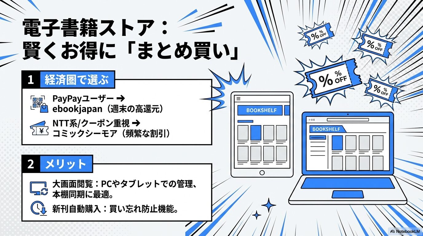 経済圏に合わせたebookjapan(PayPay還元)とコミックシーモア(割引クーポン)の選び方、本棚同期や新刊自動購入のメリットを解説。