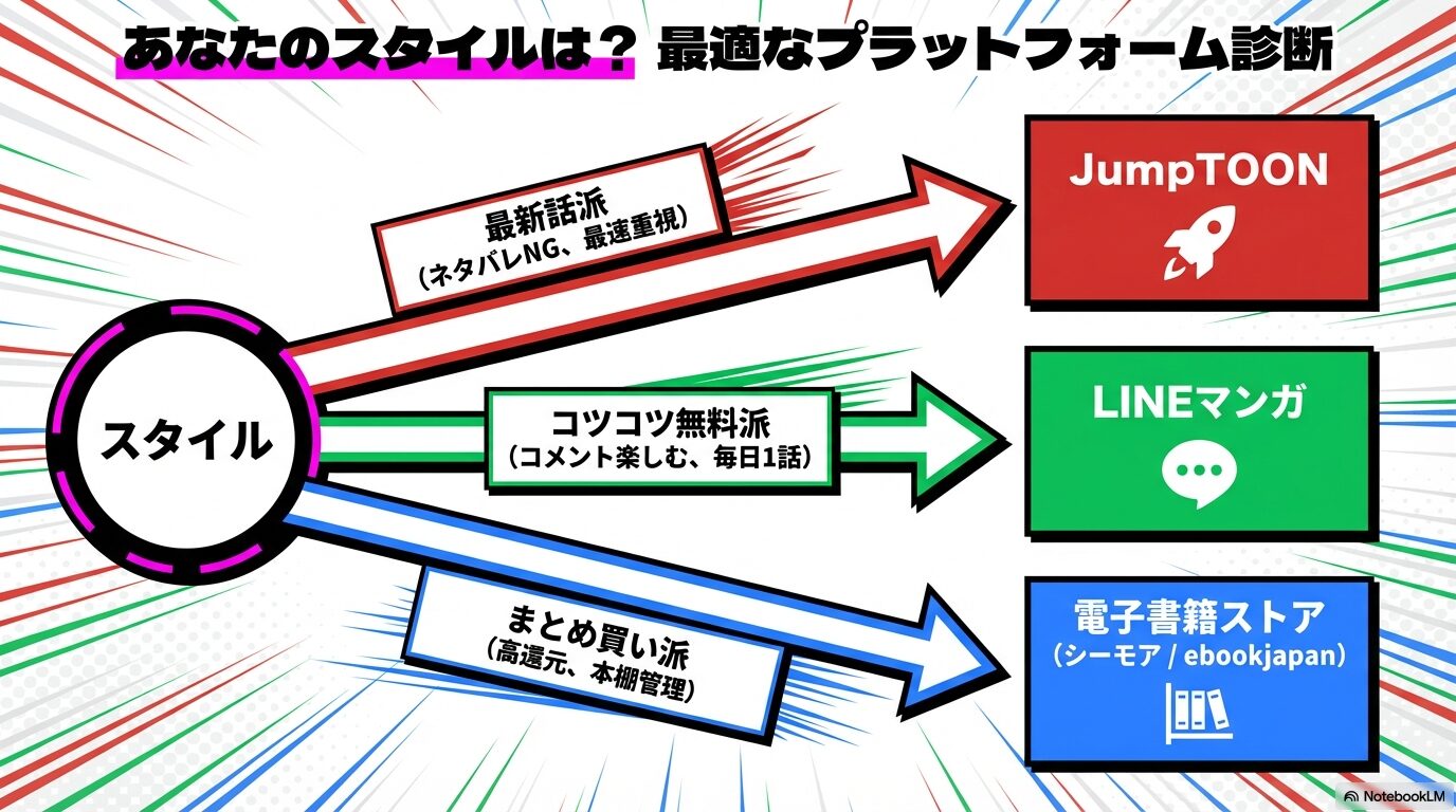 「最新話派」「コツコツ無料派」「まとめ買い派」の3つのスタイルに合わせて、JumpTOON、LINEマンガ、電子書籍ストアの中から最適な場所を提案するチャート。