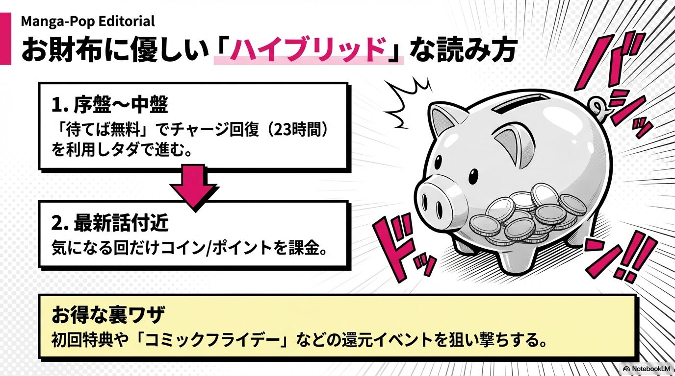 序盤から中盤は「待てば無料」で進み、最新話付近だけ課金する効率的な読み方と、コミックフライデーなどのイベント活用術。