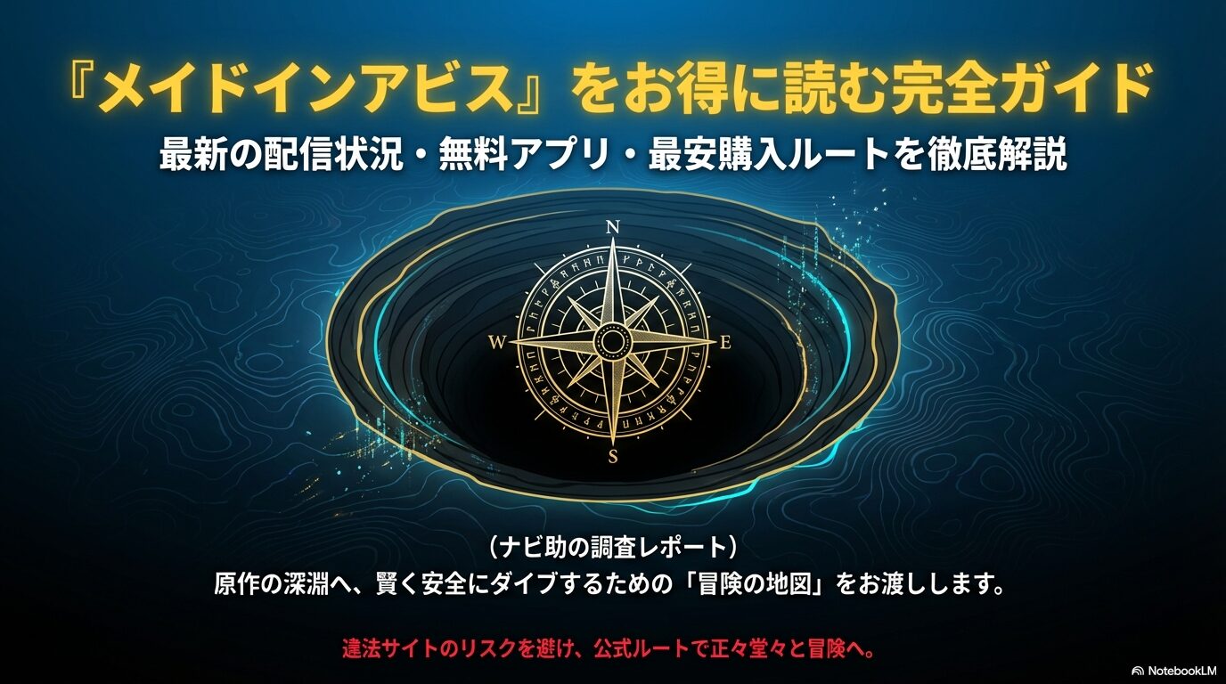 メイドインアビスの配信状況や無料アプリ、最安購入ルートを解説する調査レポートの表紙スライド