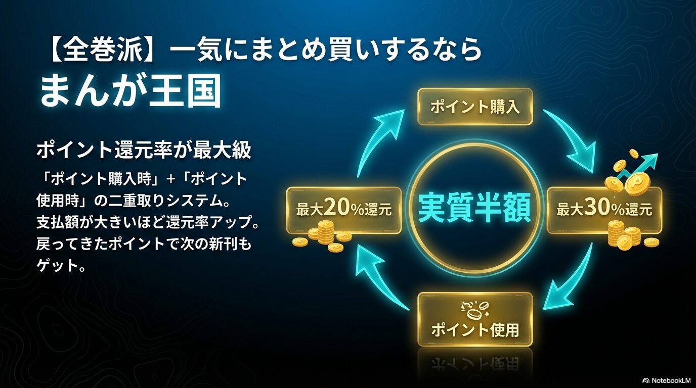 まんが王国のポイント購入時と使用時のダブル還元により、実質半額でまとめ買いできる仕組みを説明したスライド