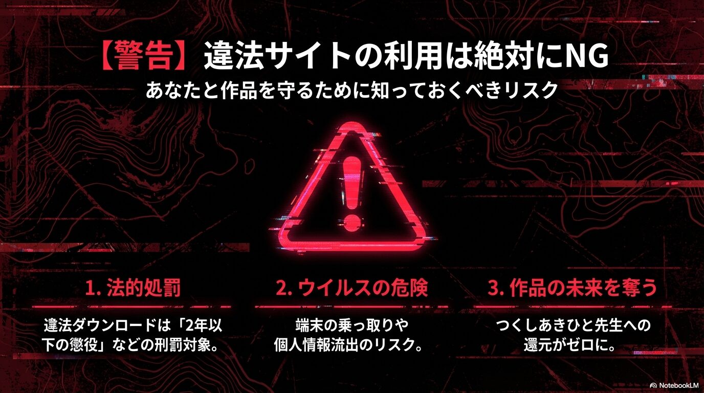 違法サイト利用による法的処罰、ウイルス感染、作品の未来を奪うリスクについて警告したスライド