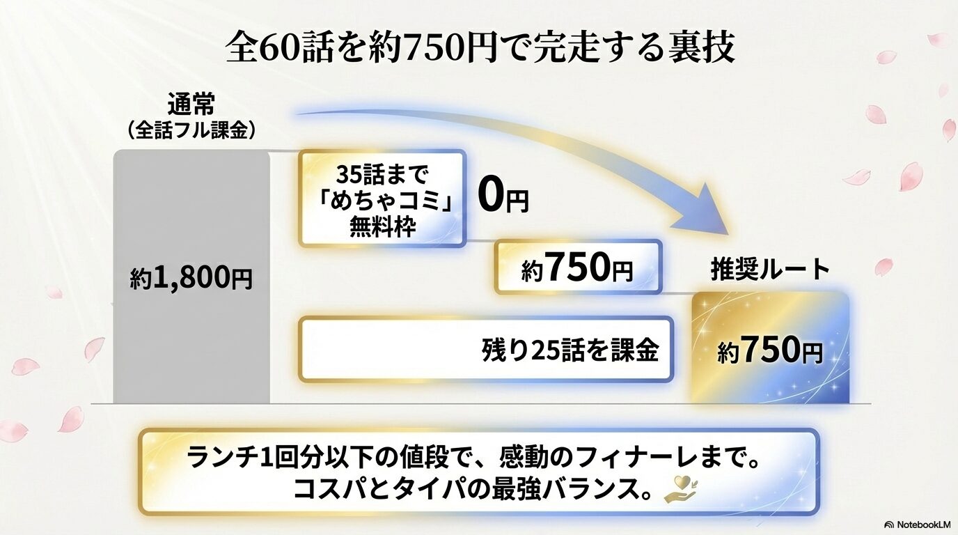 侍女はもう彼を求めないを全話課金した場合と無料枠を併用した場合のコスト比較グラフ