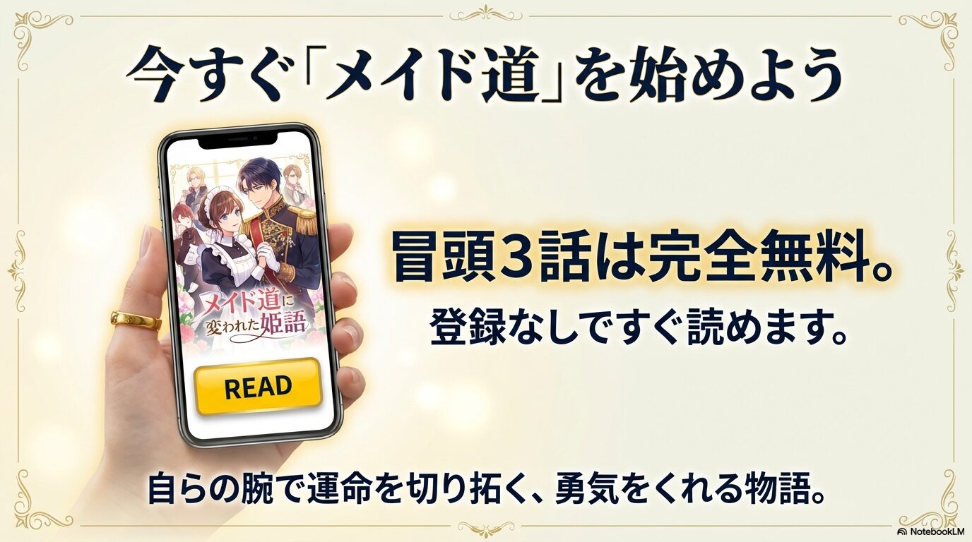 冒頭3話は登録なしで完全無料で読めること、自らの腕で運命を切り拓く物語であることを伝え、読書を促すスライド。