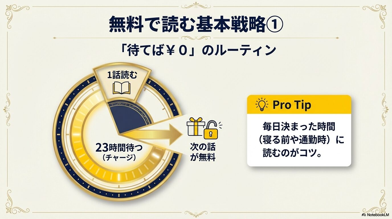 1話読むと23時間待つことで次の話が無料になる「待てば¥0」の仕組みと、毎日決まった時間に読むコツを紹介するスライド。