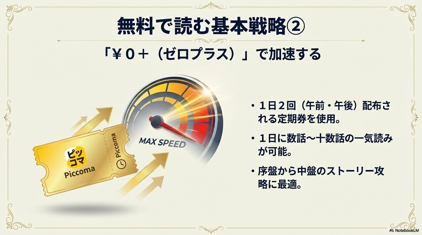 1日2回配布される定期券を使用し、1日に数話から十数話の一気読みが可能になる「¥0+」の活用方法を解説するスライド。
