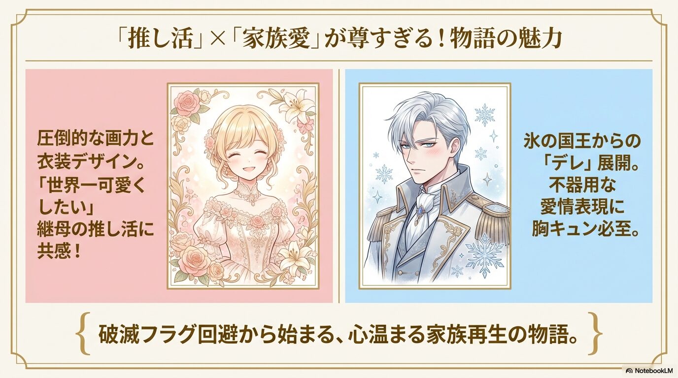 圧倒的な画力や衣装デザイン、氷の国王からのデレなど、本作の尊い魅力をまとめた解説スライド。